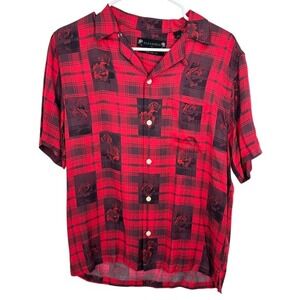 ALLSAINTS Fritillaria Shirt Vermillion Red Plaid Rose Print‎ Short Sleeve NWT